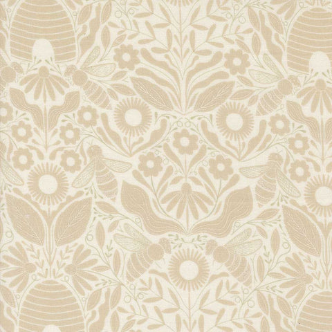 Decorative pattern with bees, flowers, and a beehive on a beige background
