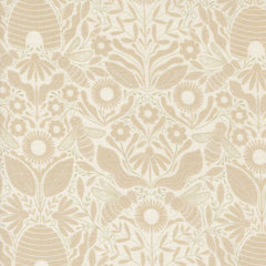 Decorative pattern with bees, flowers, and a beehive on a beige background