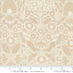 Decorative pattern with bees, flowers, and a beehive on a beige background with ruler