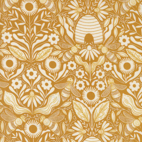 Decorative pattern with bees, flowers, and a beehive on a gold background