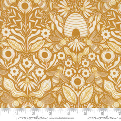 decorative pattern with bees, flowers, and a beehive on a gold background with ruler