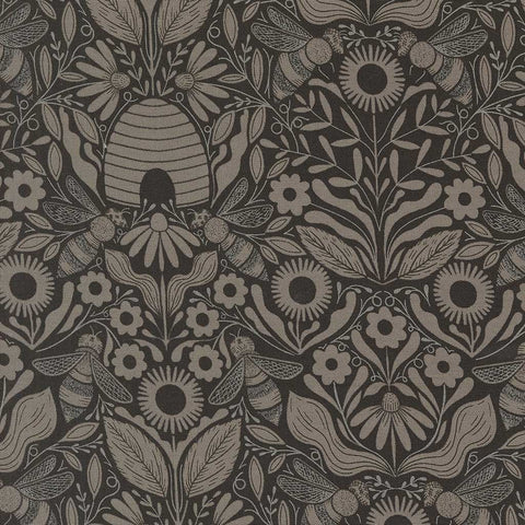 Decorative pattern with bees, flowers, and a beehive on a dark background