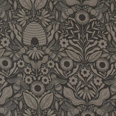 Decorative pattern with bees, flowers, and a beehive on a dark background