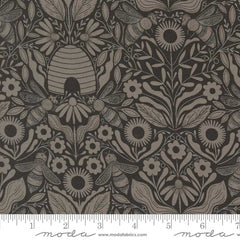 Decorative pattern with bees, flowers, and a beehive on a dark background with ruler