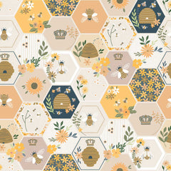 Honeycomb pattern with bees and flowers on an off-white background