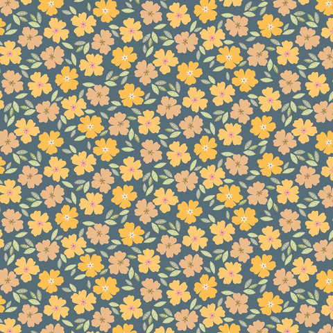 Pattern of orange and brown posies on a blue background