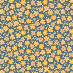 Pattern of orange and brown posies on a blue background