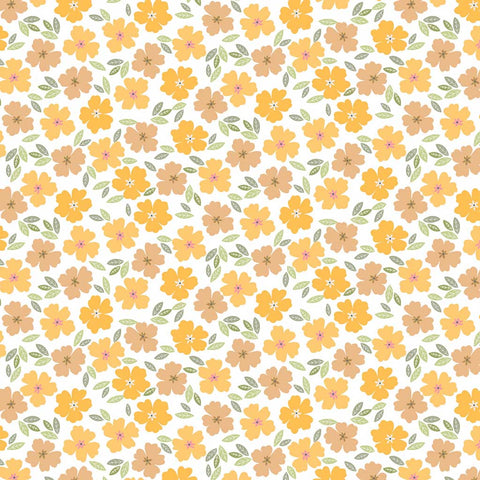 Pattern of orange and brown posies on a white background
