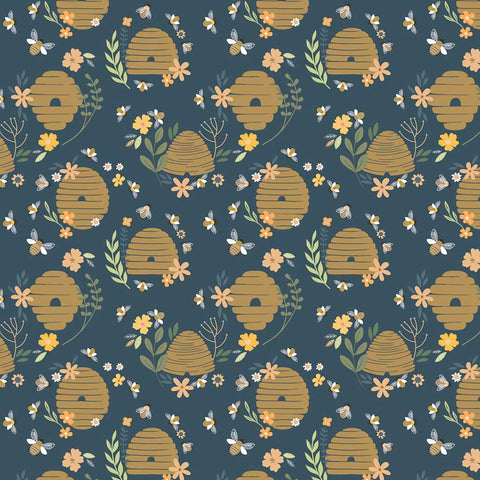 Pattern of beehives, flowers, and bees on a blue background