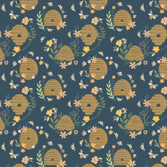 Pattern of beehives, flowers, and bees on a blue background