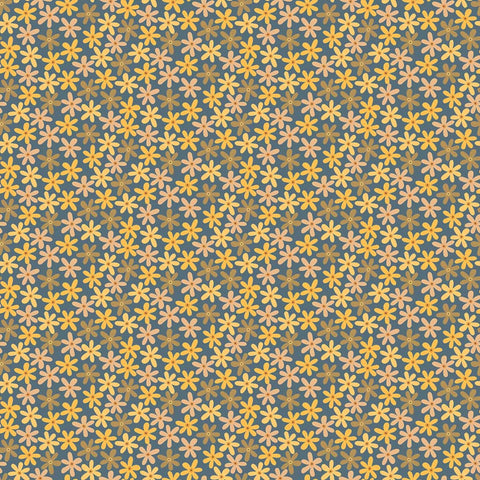 Pattern of small yellow and brown flowers on a blue background