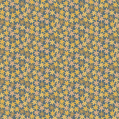Pattern of small yellow and brown flowers on a blue background