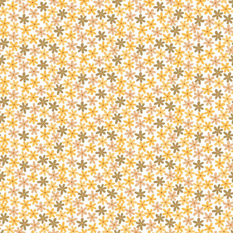 Pattern of small yellow and brown flowers on a white background