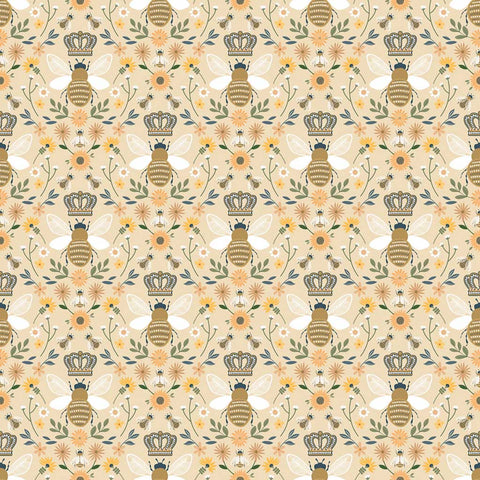 Diamond pattern of bees with crowns and flowers on a light brown background