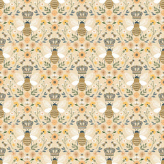 Diamond pattern of bees with crowns and flowers on a light brown background