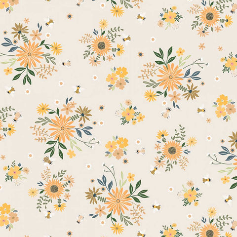 Pattern of orange flowers and bees on a light gray background