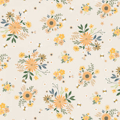 Pattern of orange flowers and bees on a light gray background