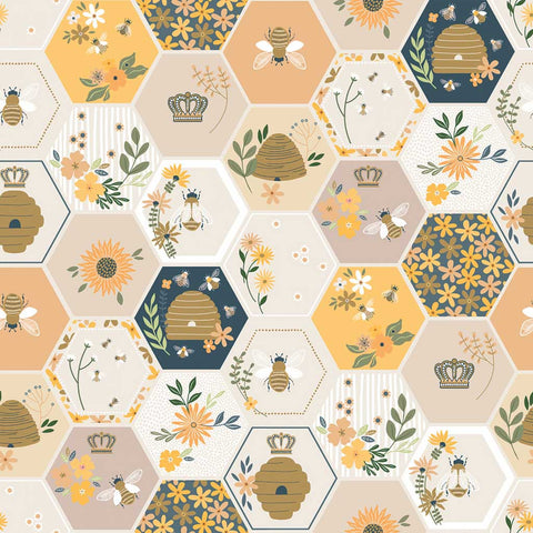 Honeycomb pattern with bees and flowers on an off-white background