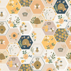 Honeycomb pattern with bees and flowers on an off-white background