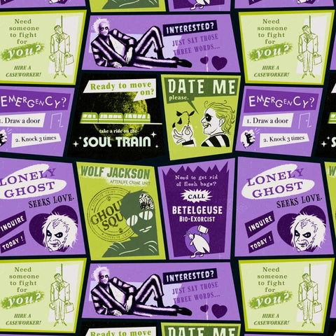 Pattern of colorful 'Beetlejuice' posters on a black background