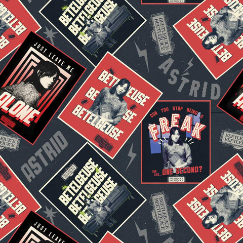 Pattern of 'Beetlejuice' posters on a dark gray background