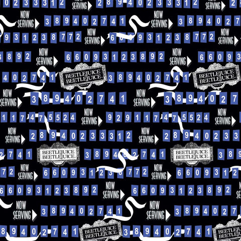Pattern of 'Beetlejuice' logos, text, and numbers on a black background