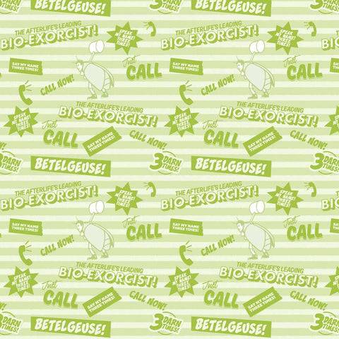 Pattern of text and graphics on a light green striped background