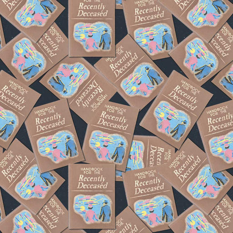 Pattern of 'Recently Deceased' books on a black background