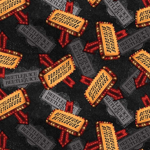 Pattern of 'Beetlejuice' signs and arrows on a black background