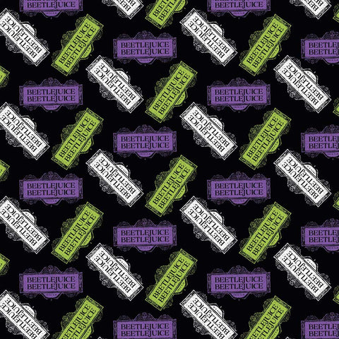 Pattern of 'Beetlejuice' text in various colors on a black background