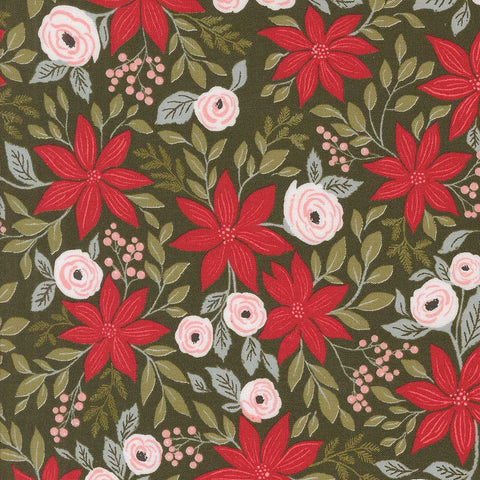 Floral pattern with poinsettias and roses on a green background