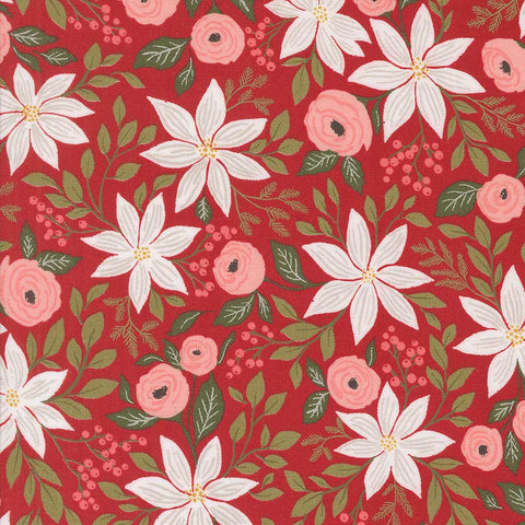 Floral pattern with poinsettias and roses on a red background