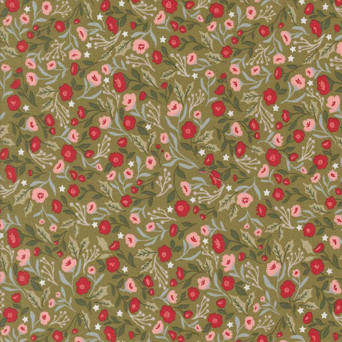 Floral pattern with red and pink flowers on a green background