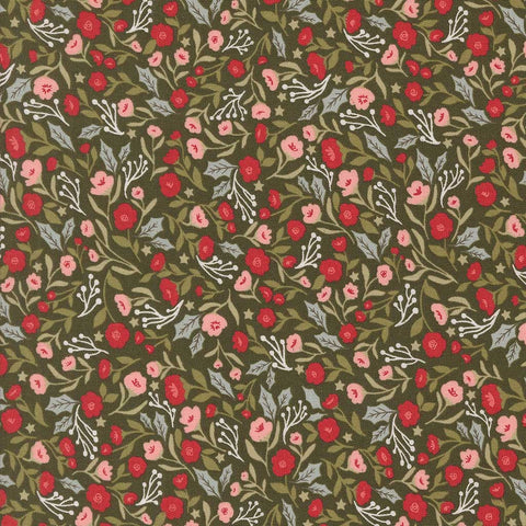 Floral pattern with red and pink flowers on a green background