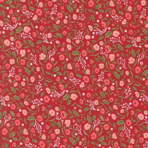 Floral pattern with pink flowers and green leaves on a red background