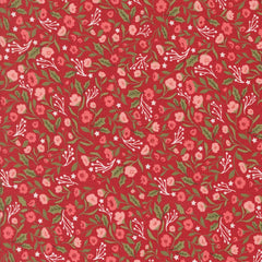 Floral pattern with pink flowers and green leaves on a red background