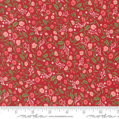 Floral pattern with pink flowers and green leaves on a red background with ruler