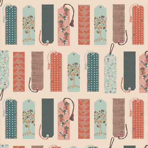 Pattern of colorful bookmarks on a light background