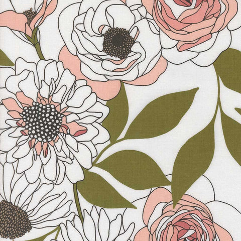 Floral pattern with pink and white flowers and green leaves on a white background