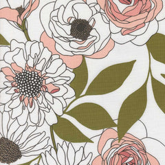 Floral pattern with pink and white flowers and green leaves on a white background