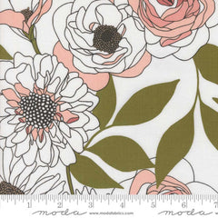 Floral pattern with pink and white flowers and green leaves on a white background with ruler