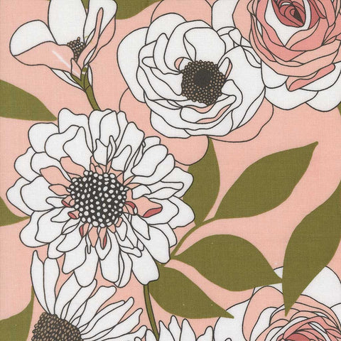 Floral pattern with pink and white flowers and green leaves on a pink background