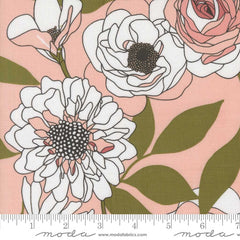 Floral pattern with pink and white flowers and green leaves on a pink background with ruler