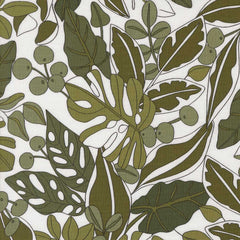 Patterned fabric with green leaves and berries on a white background