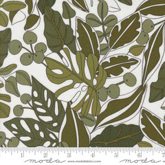 Patterned fabric with green leaves and berries on a white background with ruler