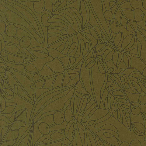 Patterned fabric with green leaves and berries on a green background