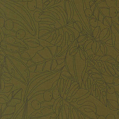 Patterned fabric with green leaves and berries on a green background