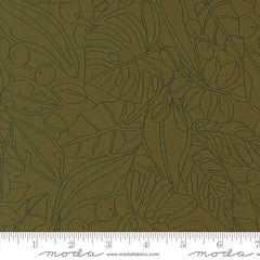 Patterned fabric with green leaves and berries on a green background with ruler