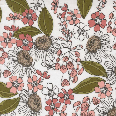 Floral pattern with pink, white, and green flowers on a white background