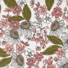 Floral pattern with pink, white, and green flowers on a white background